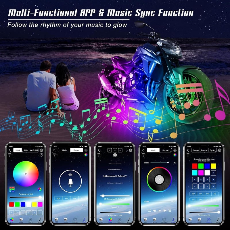 Sxlofty 8 Pcs Motorcycle LED Light Kits, App Control Multicolor Waterproof Motorcycle LED Strip Lights, Music Sync & Multiple Scene Modes RGB LED Lights for Motorcycles, DC 12V - Image 3